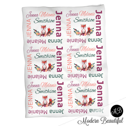 Personalized Fox Flowers Baby Name Blanket