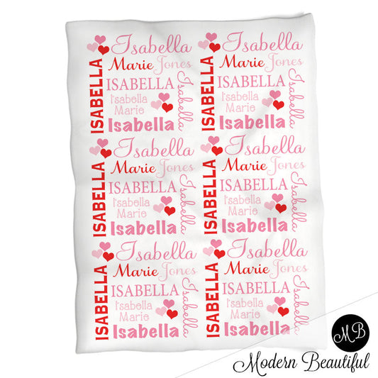 Personalized Hearts Baby Name Blanket Pink Red