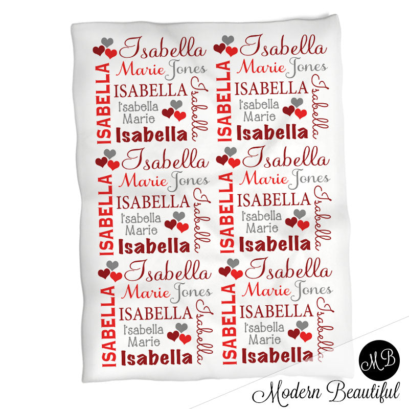 Personalized Hearts Baby Name Blanket Red Gray