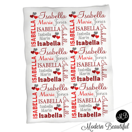Personalized Hearts Baby Name Blanket Red Gray
