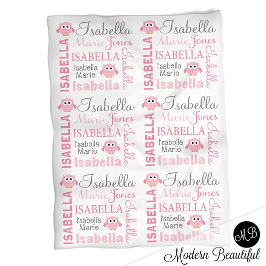 Personalized Owl Baby Name Blanket Girl