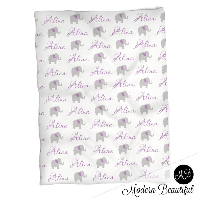 Personalized Elephant Baby Name Blanket Purple