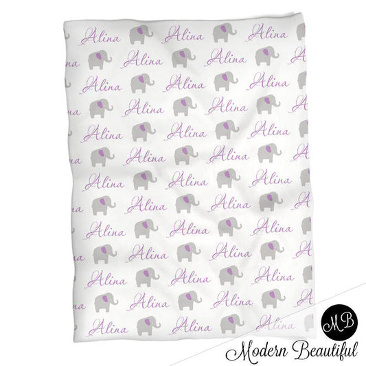 Personalized Elephant Baby Name Blanket Purple