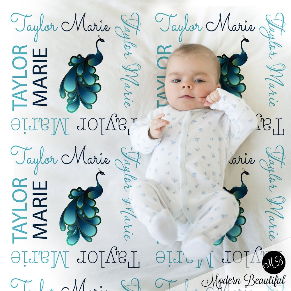 Personalized Peacock Baby Name Blanket Girl
