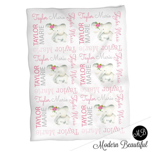 Personalized Elephant Baby Name Blanket Girl