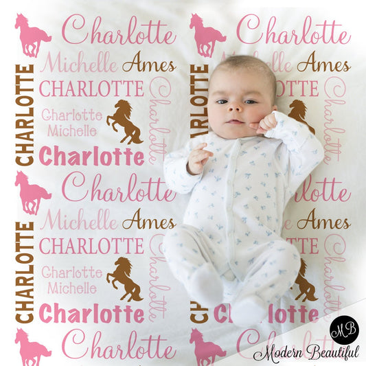 Personalized Horses Pink Baby Name Blanket Girl