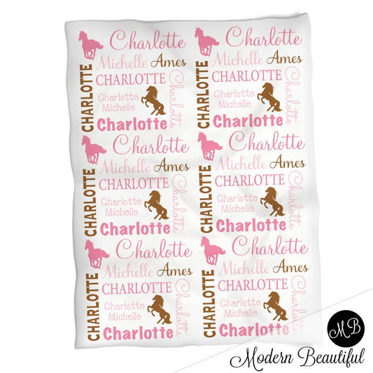 Personalized Horses Pink Baby Name Blanket Girl