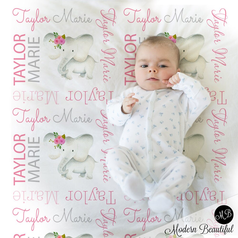 Personalized Elephant Pink Flowers Baby Name Blanket Girl