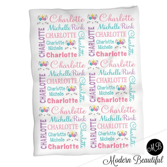 Personalized Cute Cat with Princess Crown Baby Name Blanket Girl