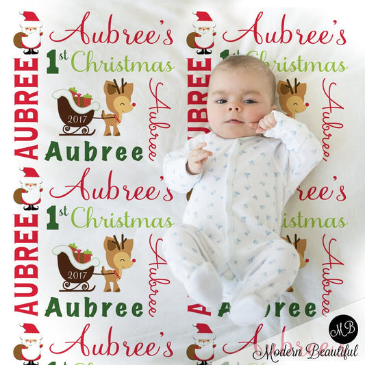 Personalized Reindeer First Christmas Baby Name Blanket Girl