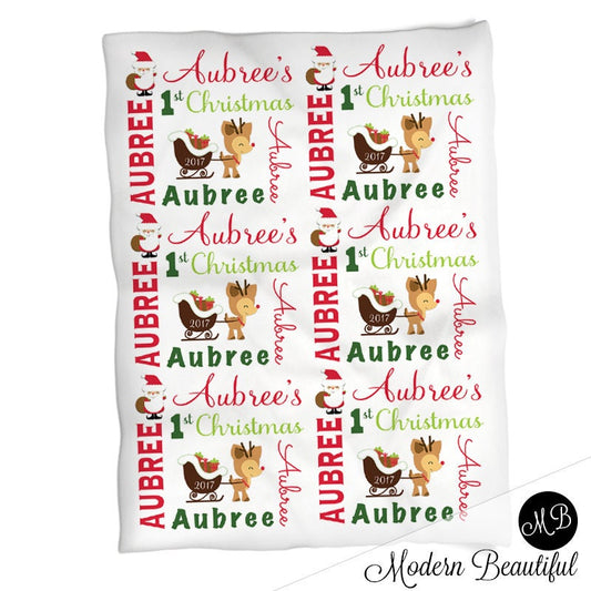 Personalized Reindeer First Christmas Baby Name Blanket Girl