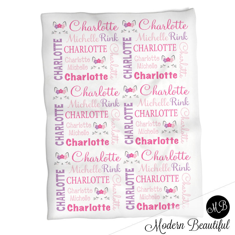 Personalized Kitty Cat Baby Name Blanket Girl