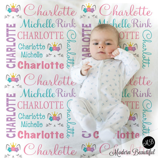 Personalized Cute Cat with Princess Crown Baby Name Blanket Girl