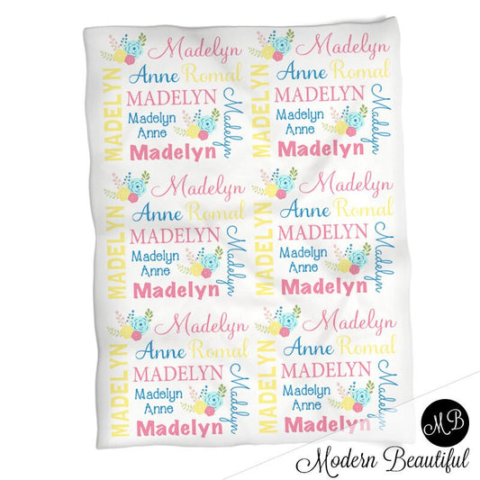 Personalized Flowers Baby Name Blanket Girl