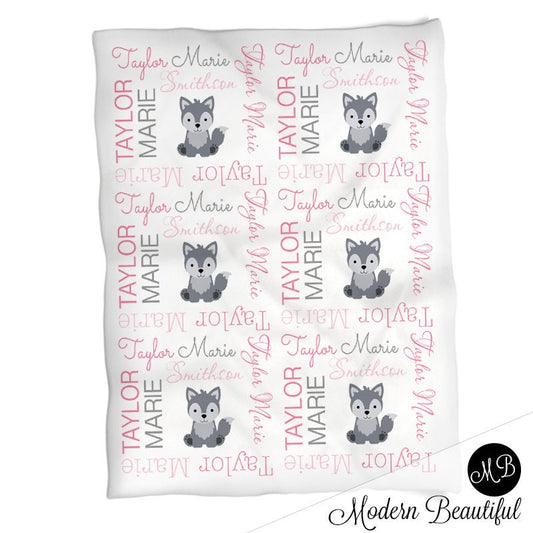 Personalized Wolf Baby Name Blanket Girl
