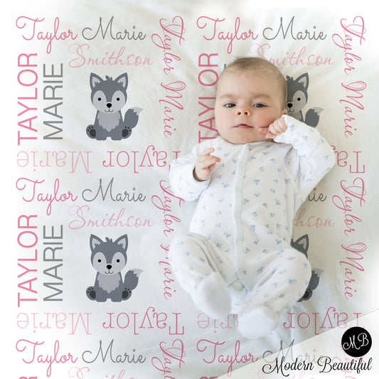 Personalized Wolf Baby Name Blanket Girl