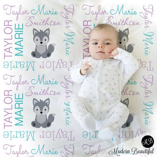 Personalized Wolf Baby Name Blanket Girl