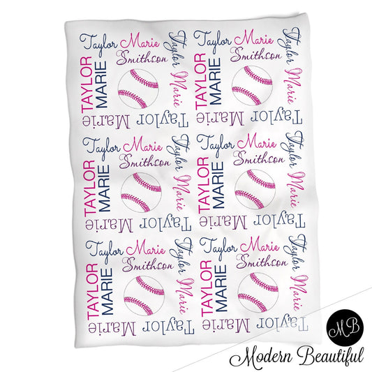 Personalized Softball Baby Name Blanket Girl