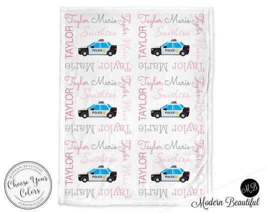 Personalized Police Car Baby Name Blanket Girl
