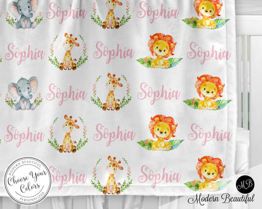 Personalized Safari Animals Baby Name Blanket Girl