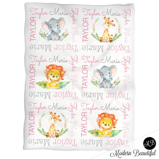 Personalized Safari Animal Baby Name Blanket Girl