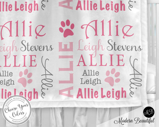 Personalized Paw Print Baby Name Blanket Girl