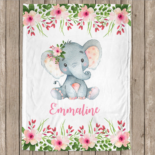 Personalized Elephant Flowers Baby Name Blanket Girl