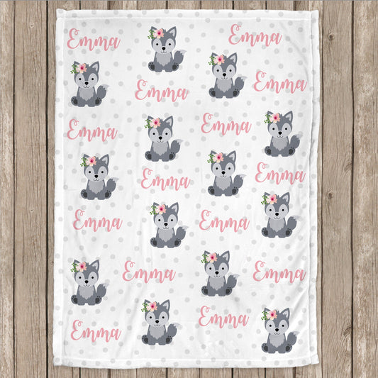 Personalized Wolf Withe Flowers Baby Name Blanket Girl