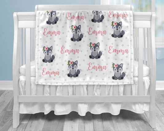 Personalized Wolf Withe Flowers Baby Name Blanket Girl