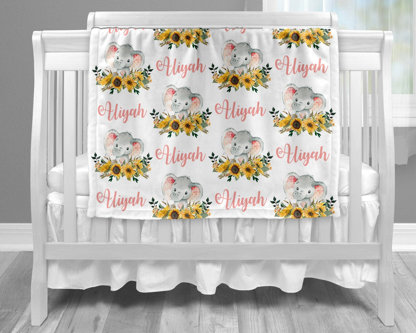 Personalized Elephant Sunflowers Baby Name Blanket Girl