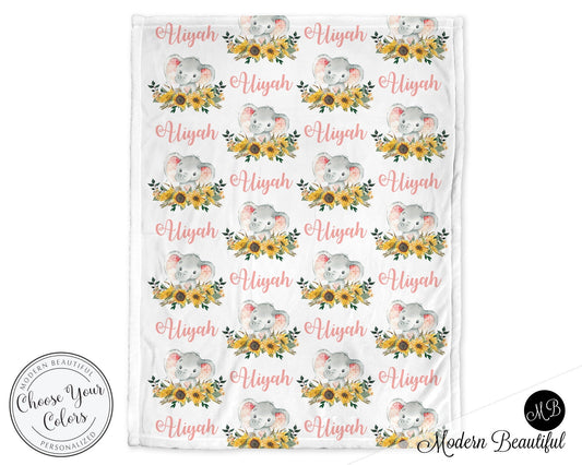 Personalized Elephant Sunflowers Baby Name Blanket Girl