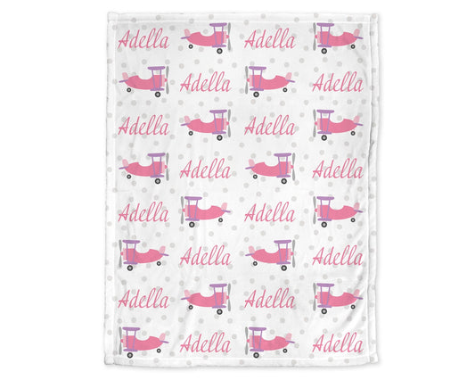 Personalized Pink Airplane Baby Name Blanket Girl