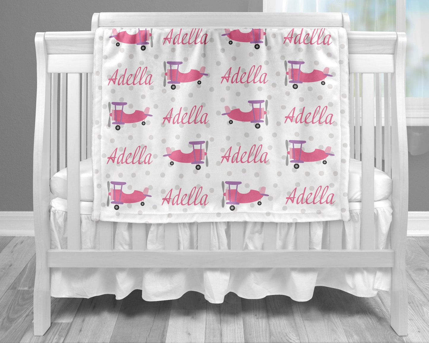 Personalized Pink Airplane Baby Name Blanket Girl