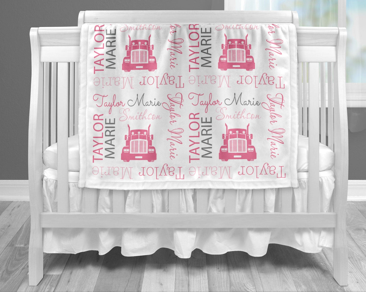 Personalized Big Rig Trucker Baby Name Blanket Girl
