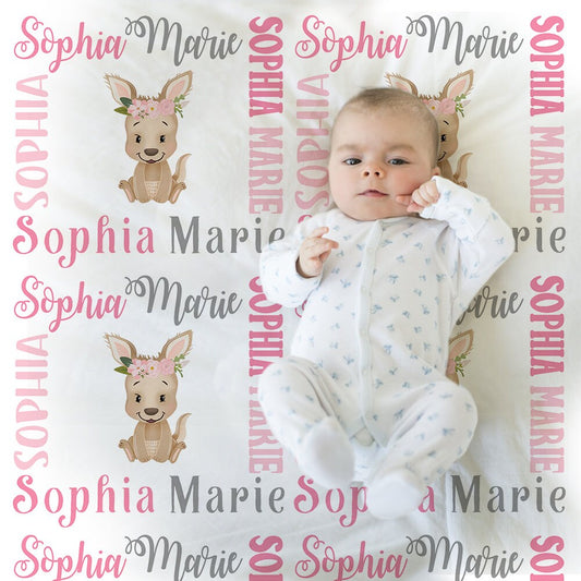 Personalized Kangaroo Pink Flowers Baby Name Blanket Girl