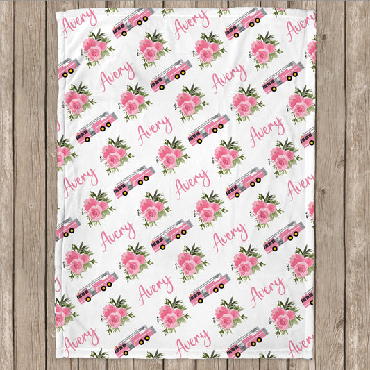 Personalized Fire Truck Flowers Baby Name Blanket Girl