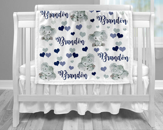 Personalized Elephant Baby Name Blanket Boy Navy