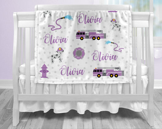 Personalized Purple Firetruck Baby Name Blanket Girl