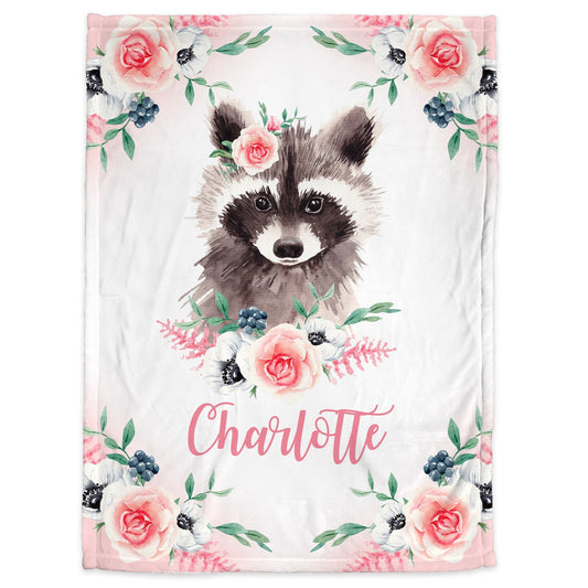 Personalized Raccoon Baby Name Blanket Girl