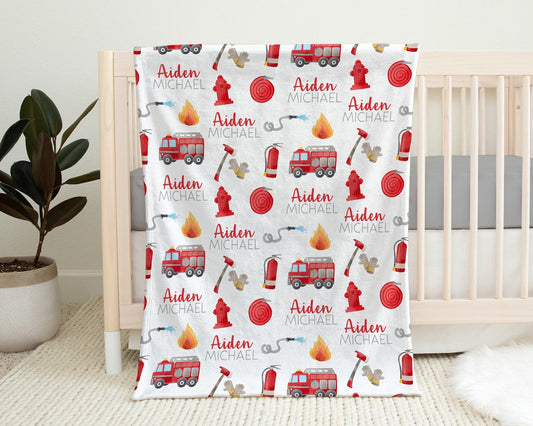 Personalized Firetruck Baby Name Blanket Boy