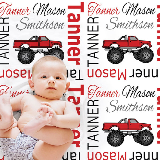 Personalized Monster truck Baby Name Blanket Boy