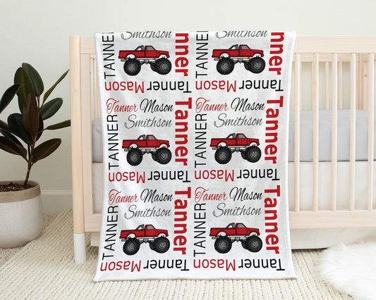 Personalized Monster truck Baby Name Blanket Boy