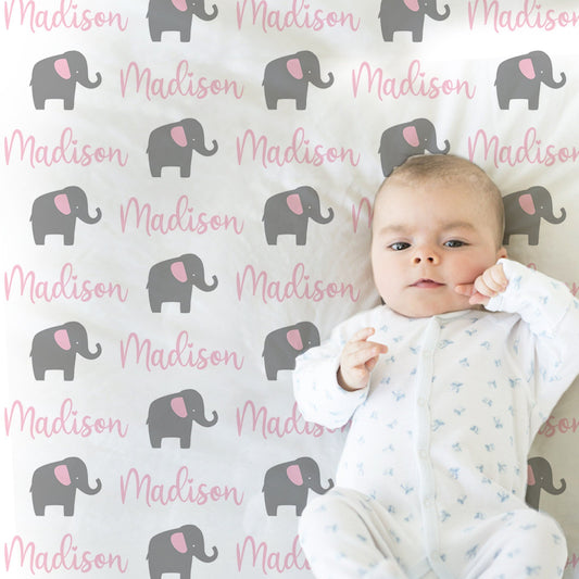 Personalized Elephant Baby Name Blanket Girl Pink