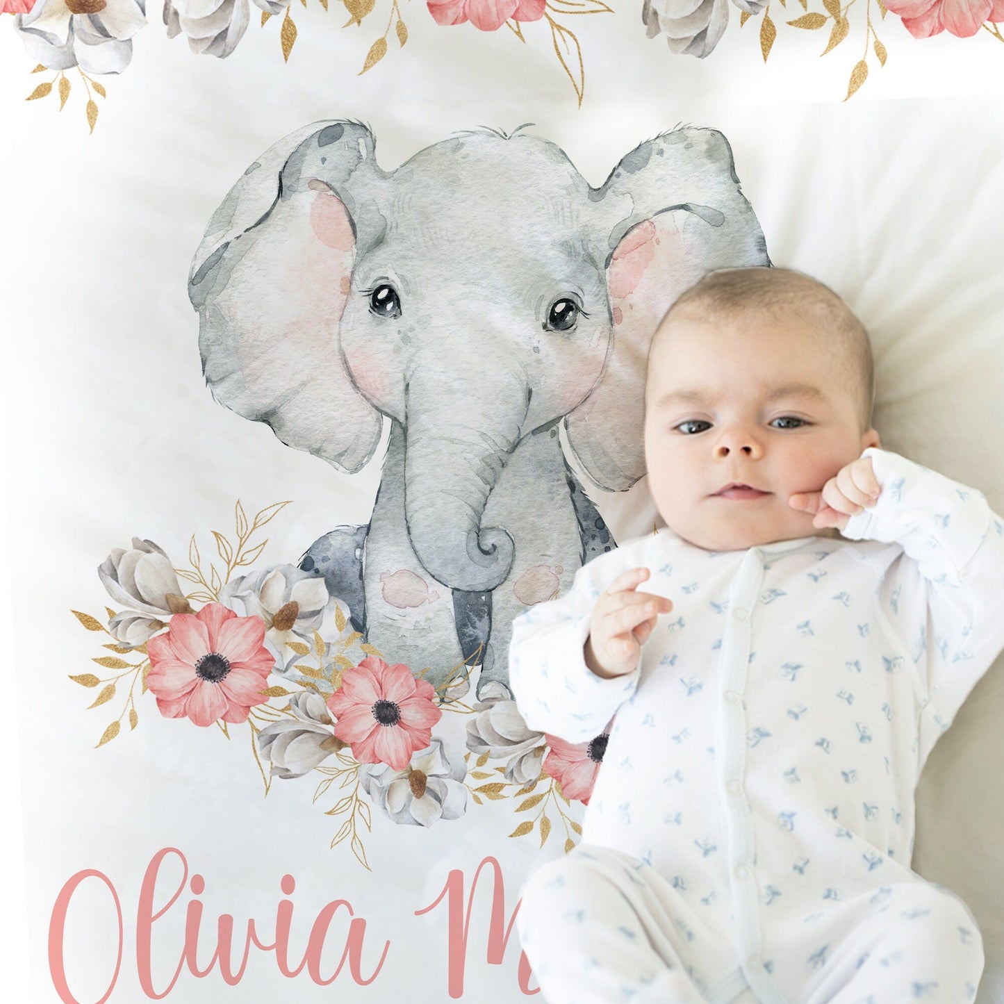 Personalized Elephant Flowers Safari Animal Baby Name Blanket Girl