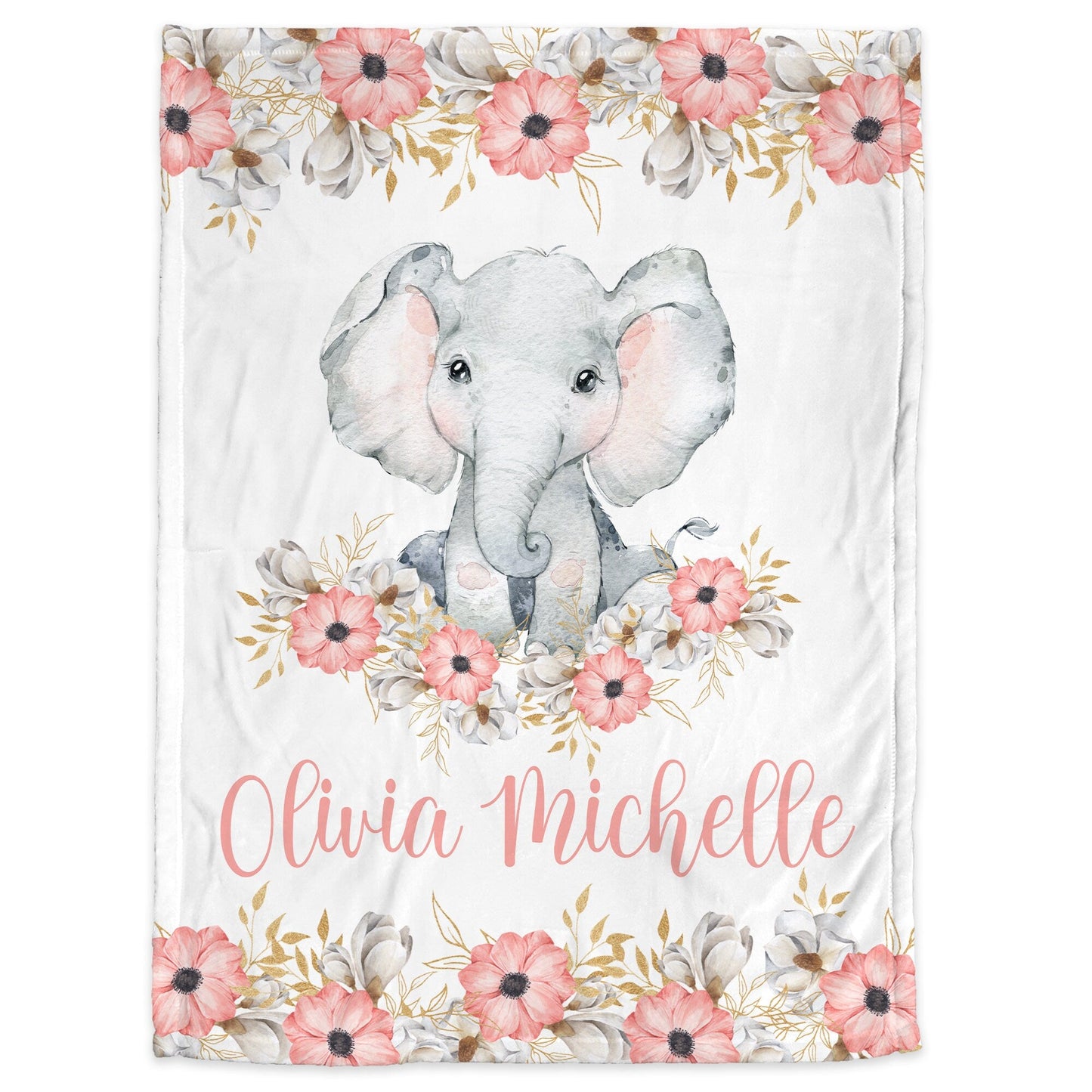 Personalized Elephant Flowers Safari Animal Baby Name Blanket Girl