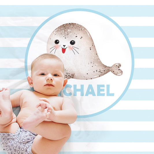 Personalized Cute Seals Baby Name Blanket Boy