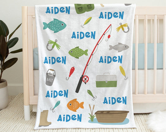 Personalized Fishing Baby Name Blanket Boy