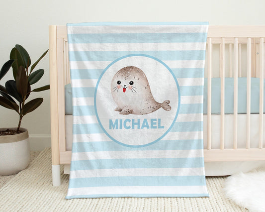 Personalized Cute Seals Baby Name Blanket Boy