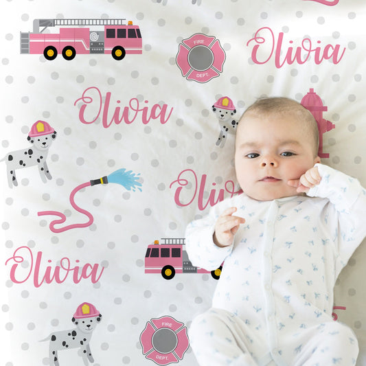 Personalized Pink Firetruck Baby Name Blanket Girl
