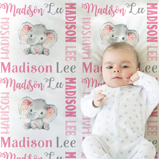 Personalized Elephant Baby Name Blanket Girl Pink